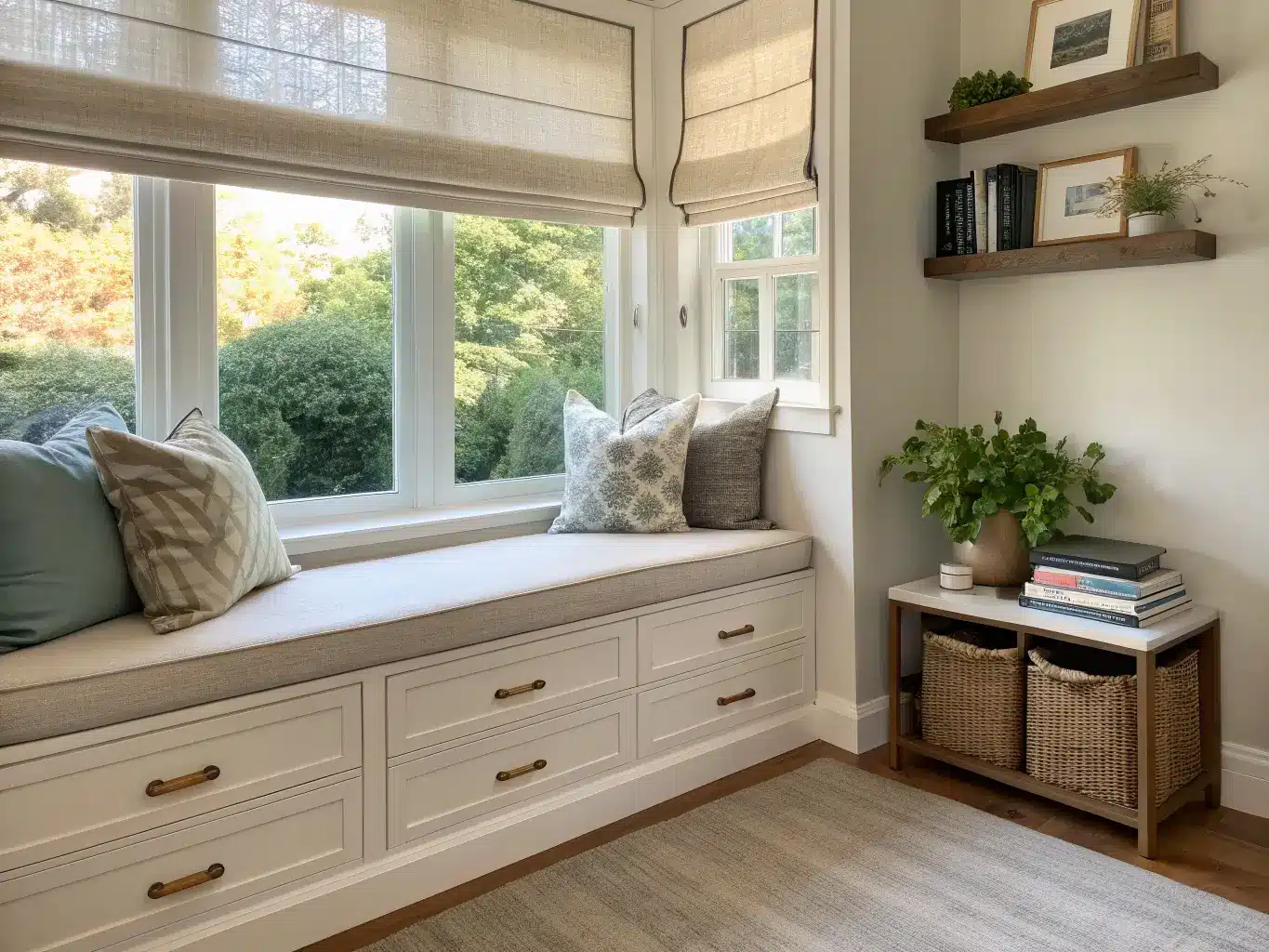Sunlit bedroom window seat nook with sage cushion, taupe and charcoal pillows, oak storage drawers with brass pulls, and a shelf of color-sorted books and a trailing plant.