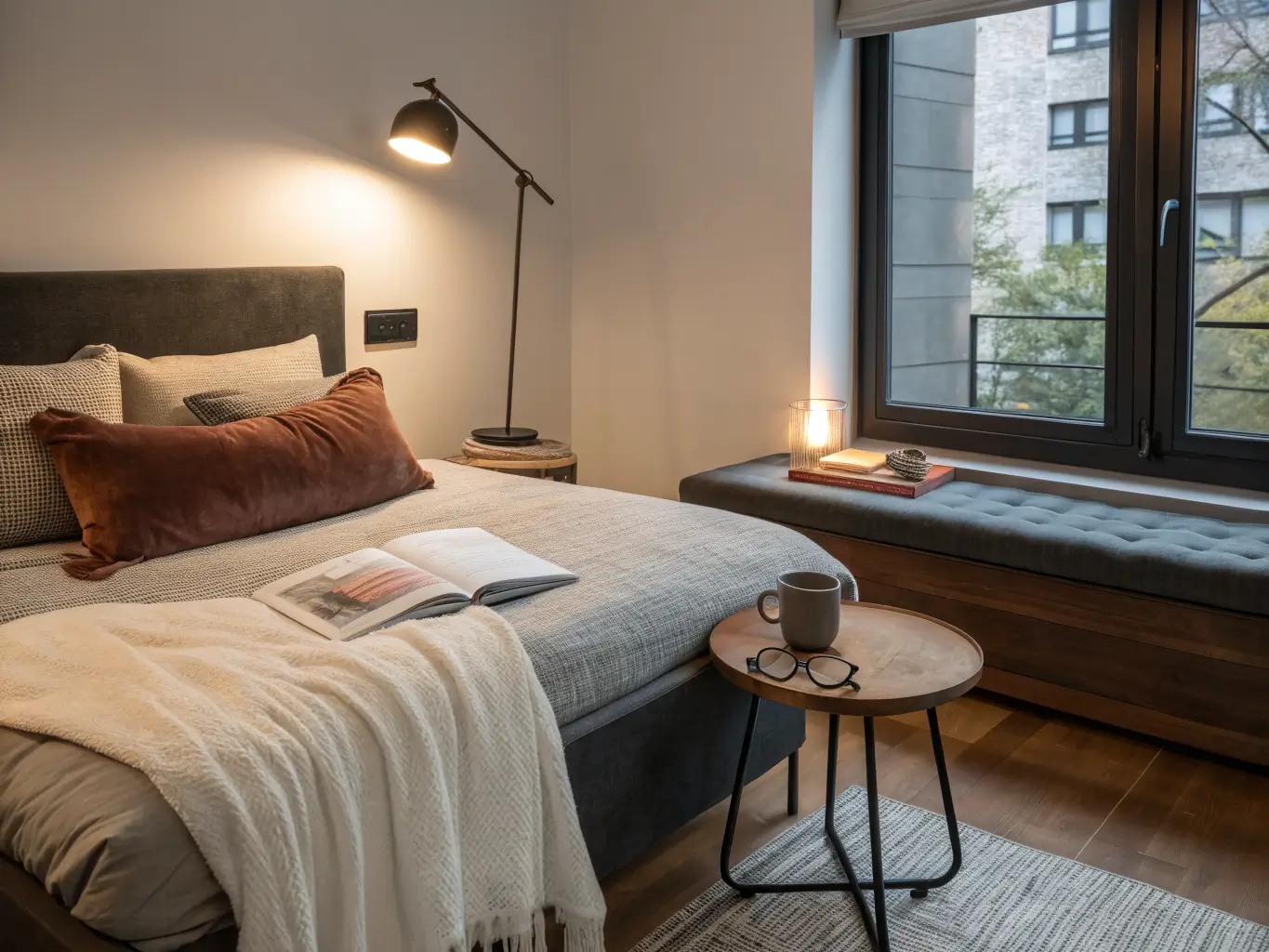 Low-angle view of a small bedroom reading corner with a charcoal velvet bench at the foot of the bed, warm swing-arm sconce light on an open book, and cool dusk light from a window.