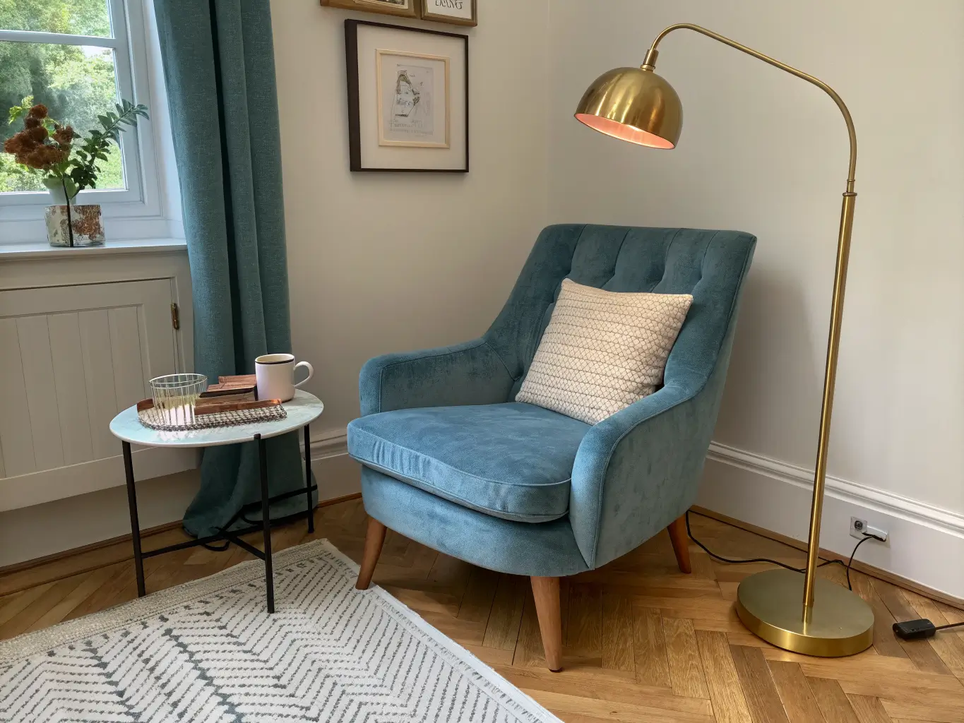 Cozy bedroom reading nook with a dusty-blue velvet armchair, brass arched floor lamp, oak side table with mug and glasses, and a cream-camel rug on herringbone wood floor.