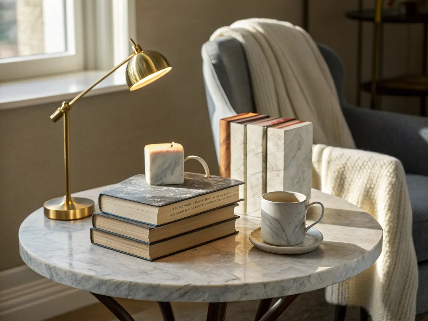 Close-up of a gray stone round side table with stacked books, marble bookends, a lit brass reading lamp, and a steaming ceramic mug, with a bouclé throw and blurred bedroom background.