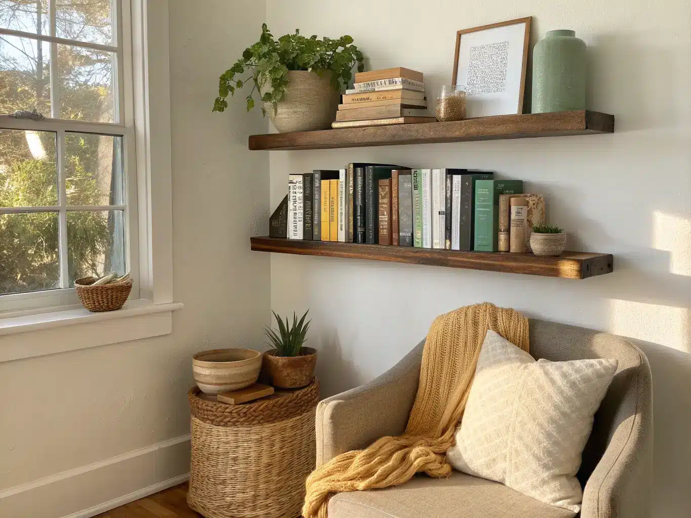 Wall-mounted wooden shelf above a reading nook with books in cream-to-charcoal gradients, a small plant, woven basket, and marble bookends in warm afternoon light.