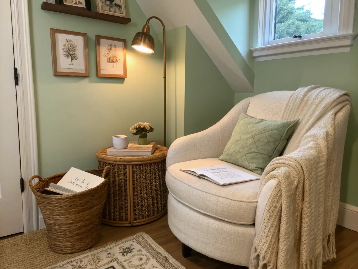 Cocoon-like sage green bedroom alcove reading nook with warm wall sconce, cream bouclé slipper chair, rattan side table with mug and open book, and white linen throw.