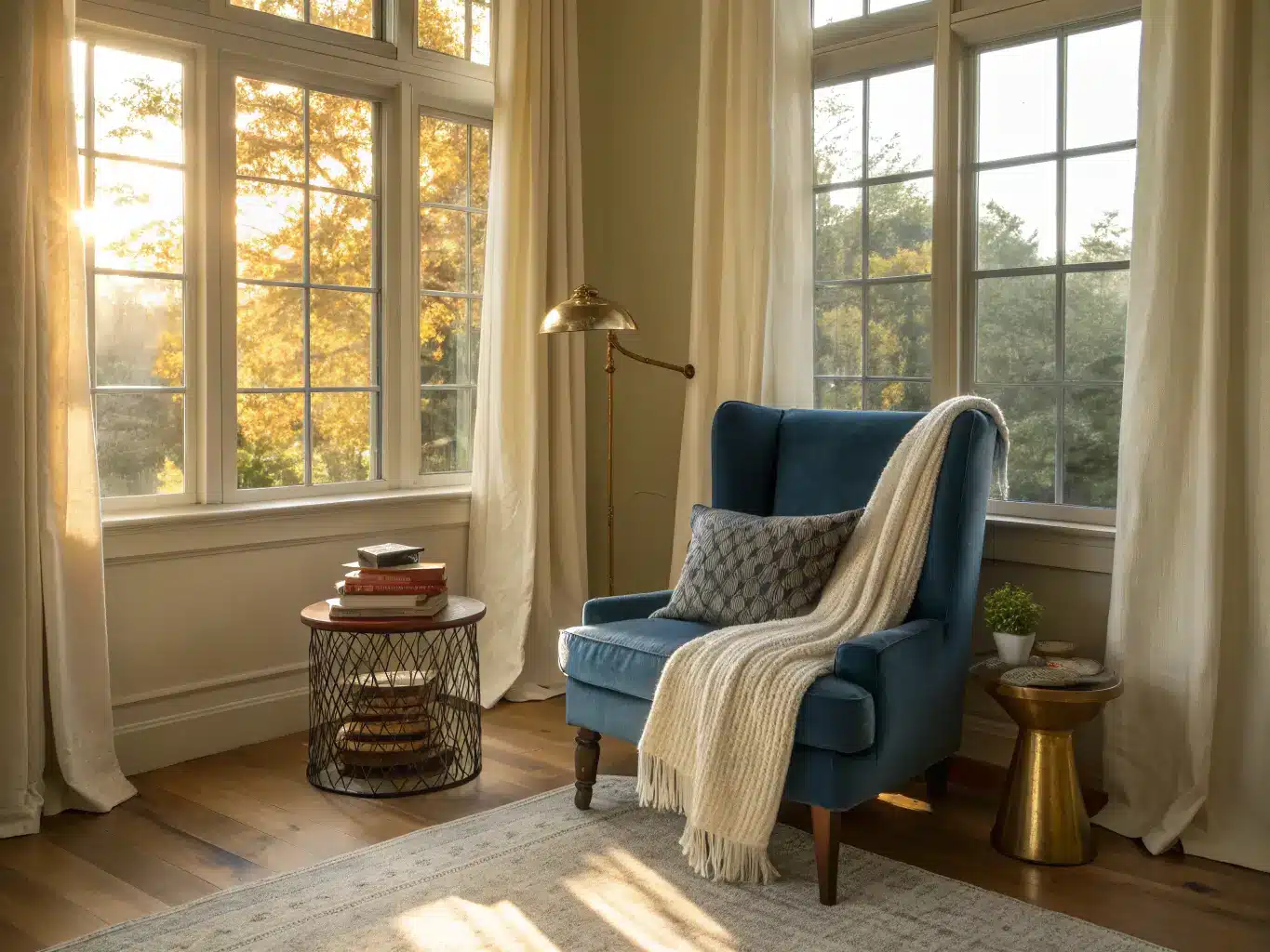 Velvet armchair with knit throw by tall linen-draped windows in golden afternoon light, books and brass lamp on side table.