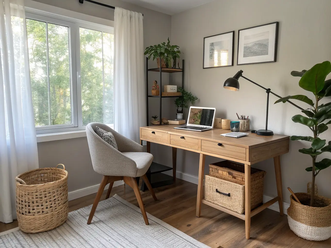 Photorealistic Japandi study nook with light oak L-shaped desk, warm greige walls, walnut credenza with rattan baskets, linen chair, task lamp, notebook, and snake plant in soft morning light.
