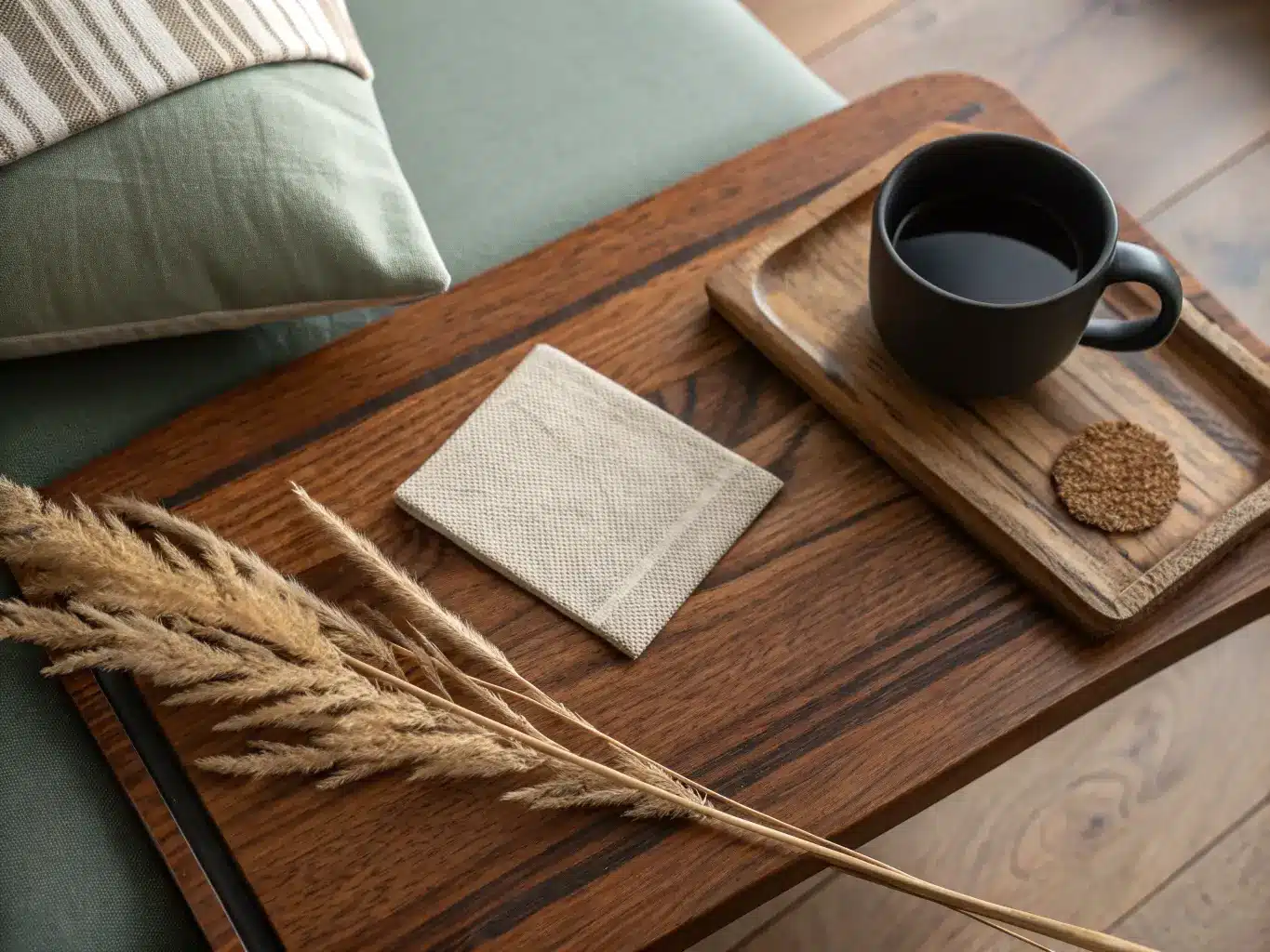 Warm-toned flat-lay mood board on a walnut desk with linen swatch, raw oak piece, dried pampas grass, unglazed ceramic, rattan coaster, and a charcoal mug in late afternoon light.