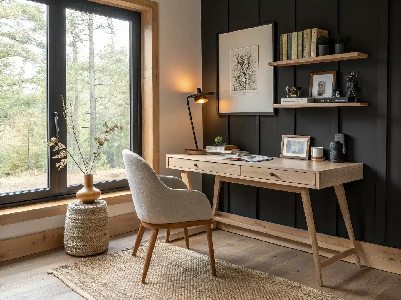 Low wide view of a serene Japandi study with a light oak desk by a large window, warm greige walls, a matte black sconce, a floating shelf with two linen books, a small vase with a dried stem, and a framed print, lit by golden-hour sunlight over a jute rug.