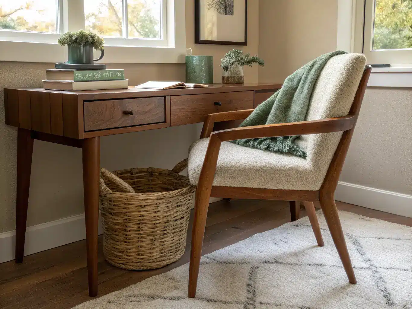 Japandi wood-framed desk chair with oatmeal bouclé upholstery beside a walnut desk, sage throw and rattan basket in warm afternoon light.