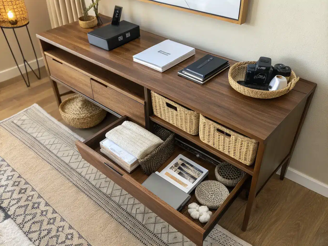 Japandi walnut desk credenza with half-open drawers of rolled cables and linen, rattan baskets, and a ceramic tray under warm sconce light.