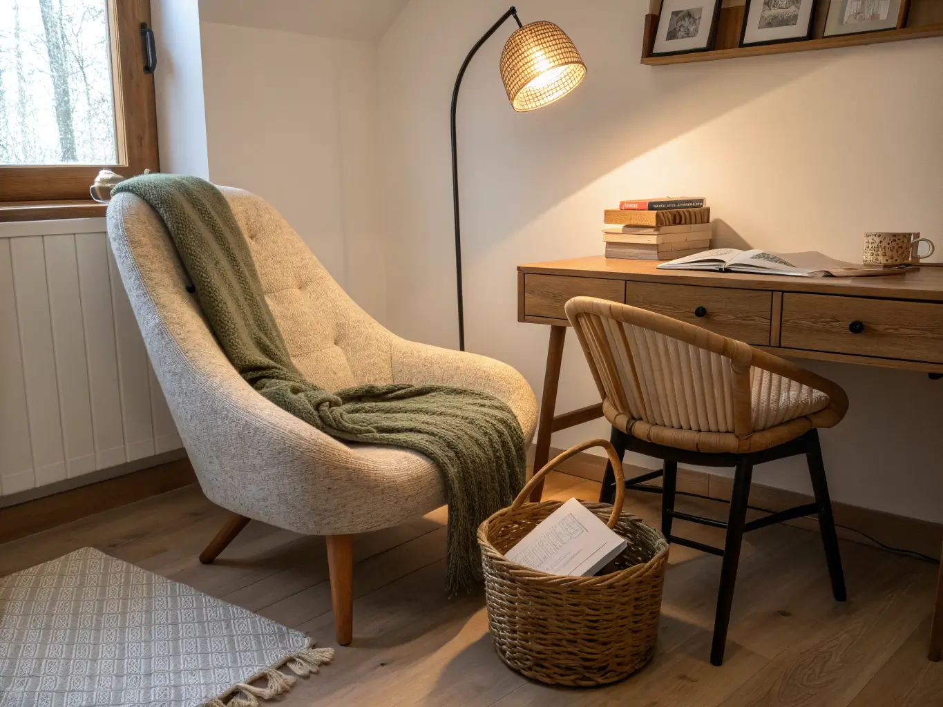 Cozy Japandi reading nook with oatmeal bouclé chair, olive throw, washi-shade floor lamp glowing at dusk, and blurred oak desk in the background.