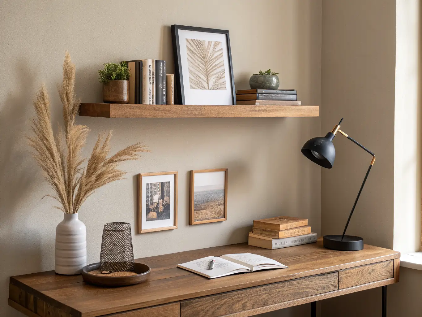 Straight-on view of a floating oak shelf on a warm greige wall above a walnut desk, styled with a small ceramic vase with dried pampas, two linen books, and a leaning framed print in soft daylight.