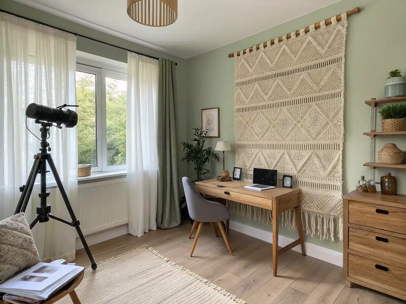 Wide-angle view of a Japandi study corner with an oak desk beneath a warm taupe woven wall hanging, sage felt acoustic panels by a window with sheer curtains, and soft midday light on a black task lamp and chair.