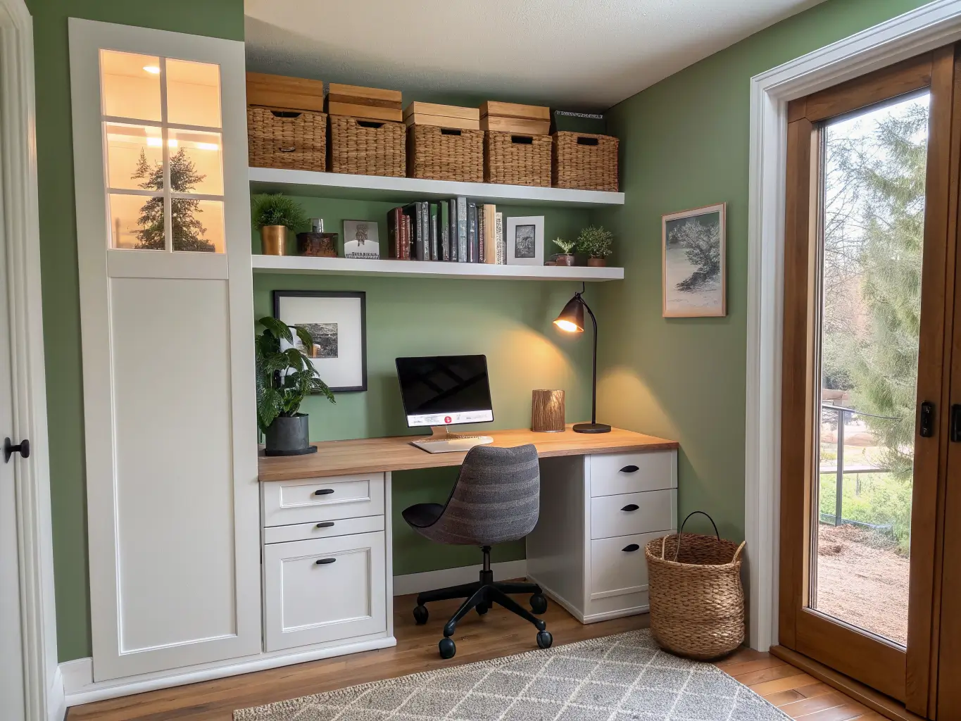 Straight-on view of a reach-in closet turned into a compact home office with a honey butcher block floating desk, sage green back wall, white shelves, black chair, warm sconces, and minimal decor.