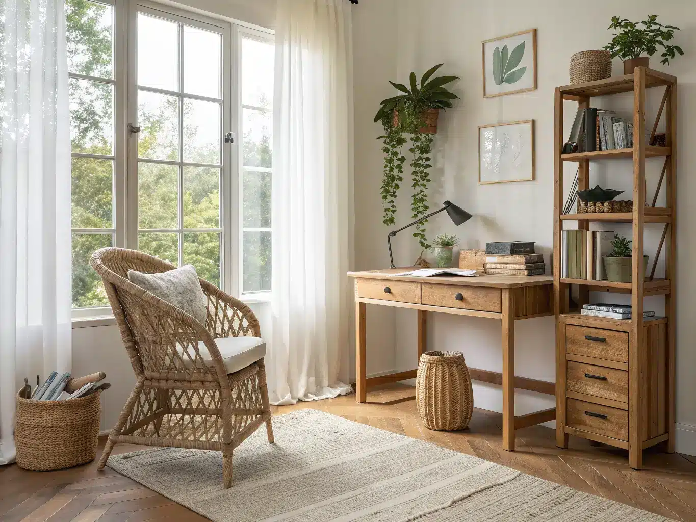 Sunlit nature-inspired home office corner with light oak desk by sheer-curtained window, rattan chair, open shelves with books and pothos, and jute rug in warm golden light.
