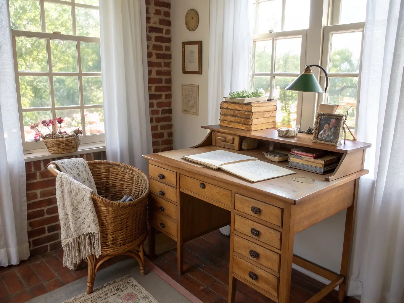 Sunlit craft room with a scratched 1940s honey-oak writing desk holding a sewing basket and old books by a sheer-curtained window.