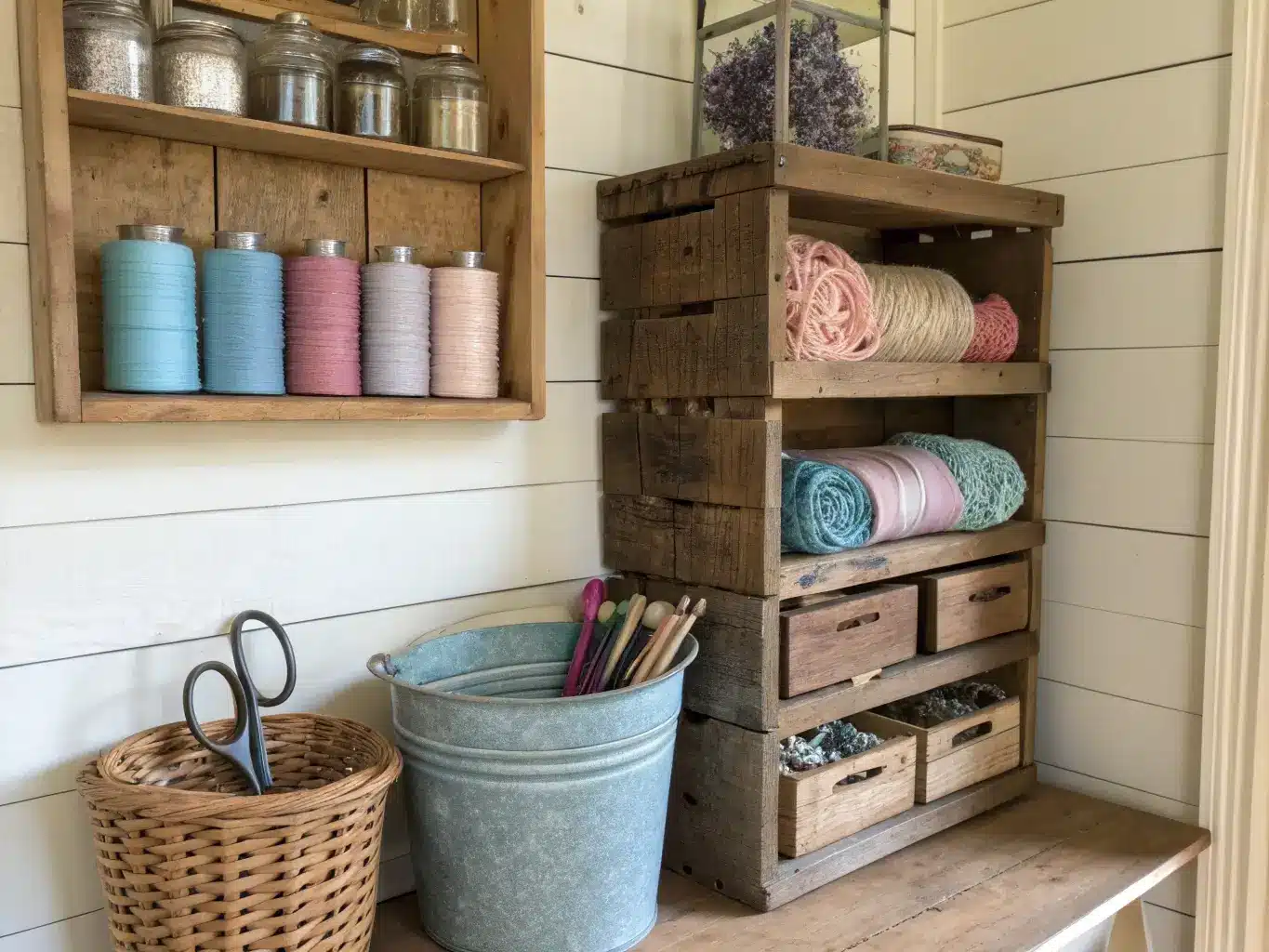 Cozy vintage craft room corner with weathered wooden crates of apothecary jars, a galvanized bucket of scissors and brushes, and a wicker basket of gingham fabric in warm afternoon light.