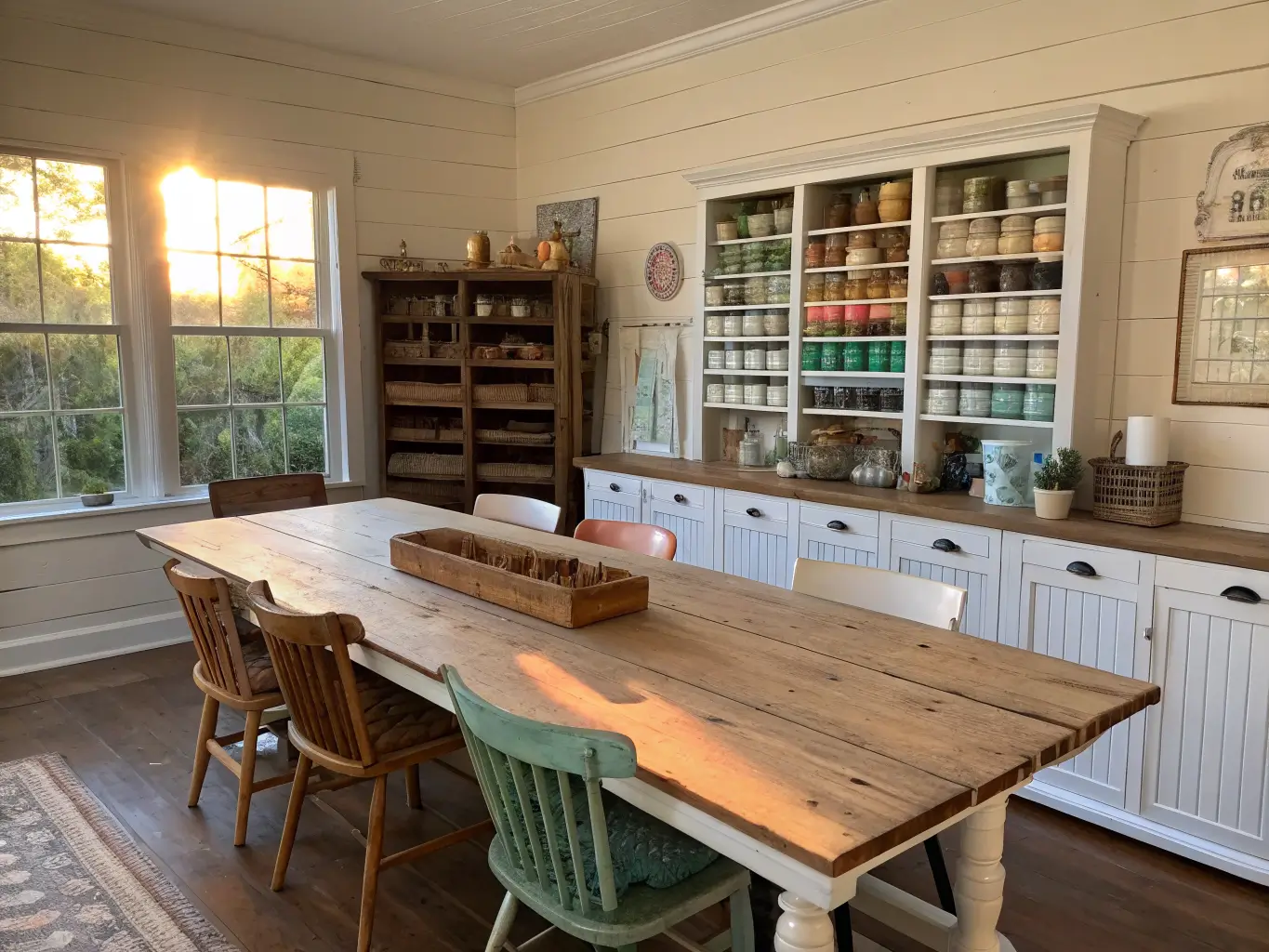 Wide-angle view of a farmhouse craft room with a reclaimed-wood table, chipped cream chairs, fabric and sewing supplies, and sunlit cubby storage.