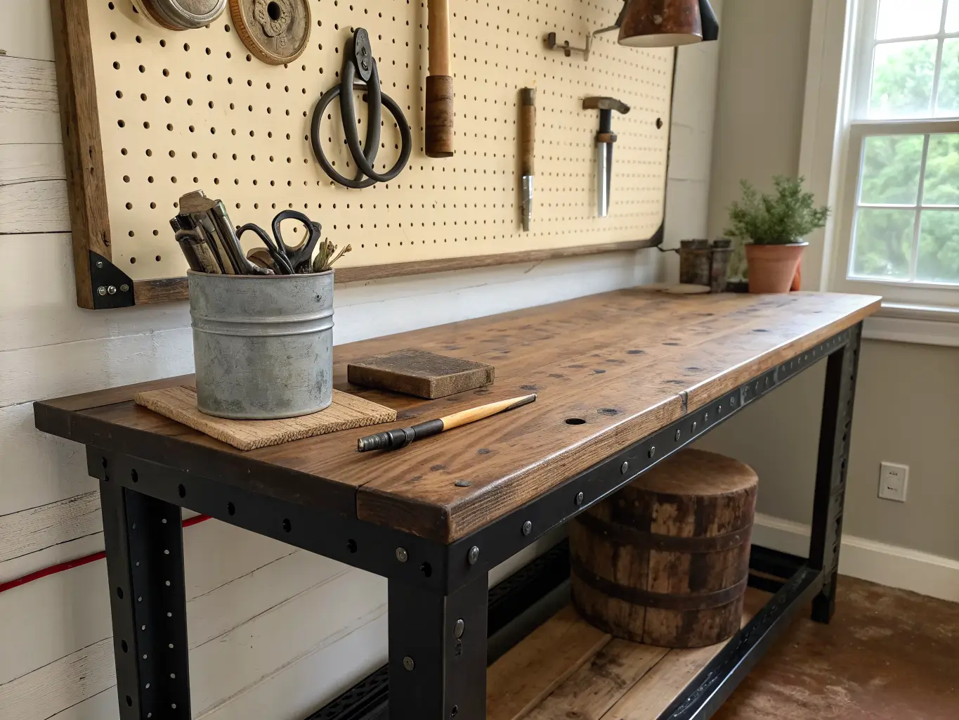 Industrial worktable with reclaimed wood top under a cream pegboard wall of vintage tools, paintbrush jar, and trailing pothos in soft morning light.