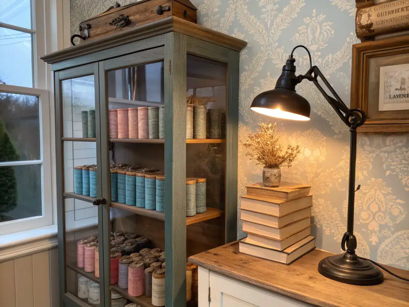 Vintage craft room corner shelf with glass cabinet of mason jars holding dusty rose and powder blue thread spools, stacked books with dried flowers, and a warm-lit black task lamp against cream textured walls at dusk.