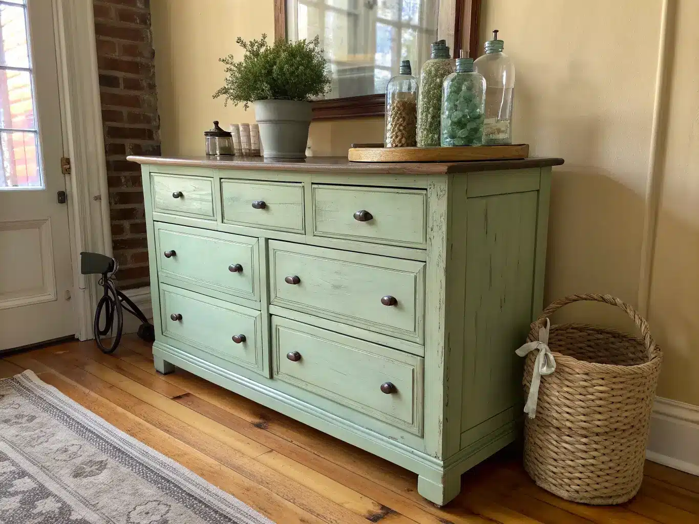 Repurposed sage-green dresser used as craft storage with brass knobs, jars, plant, and ribbon tray on top against a cream faux-brick wall in soft midday light.