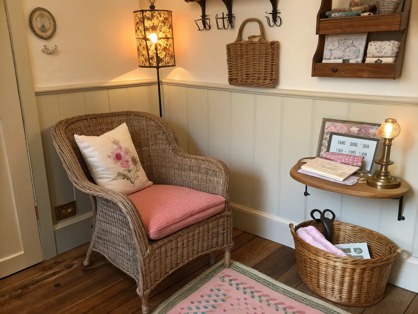 Cozy vintage reading and crafting nook with wicker armchair, dusty rose cushion, side table of fabric swatches and brass scissors, wicker wall baskets, and warm sconce light on cream walls and a faded woven rug.