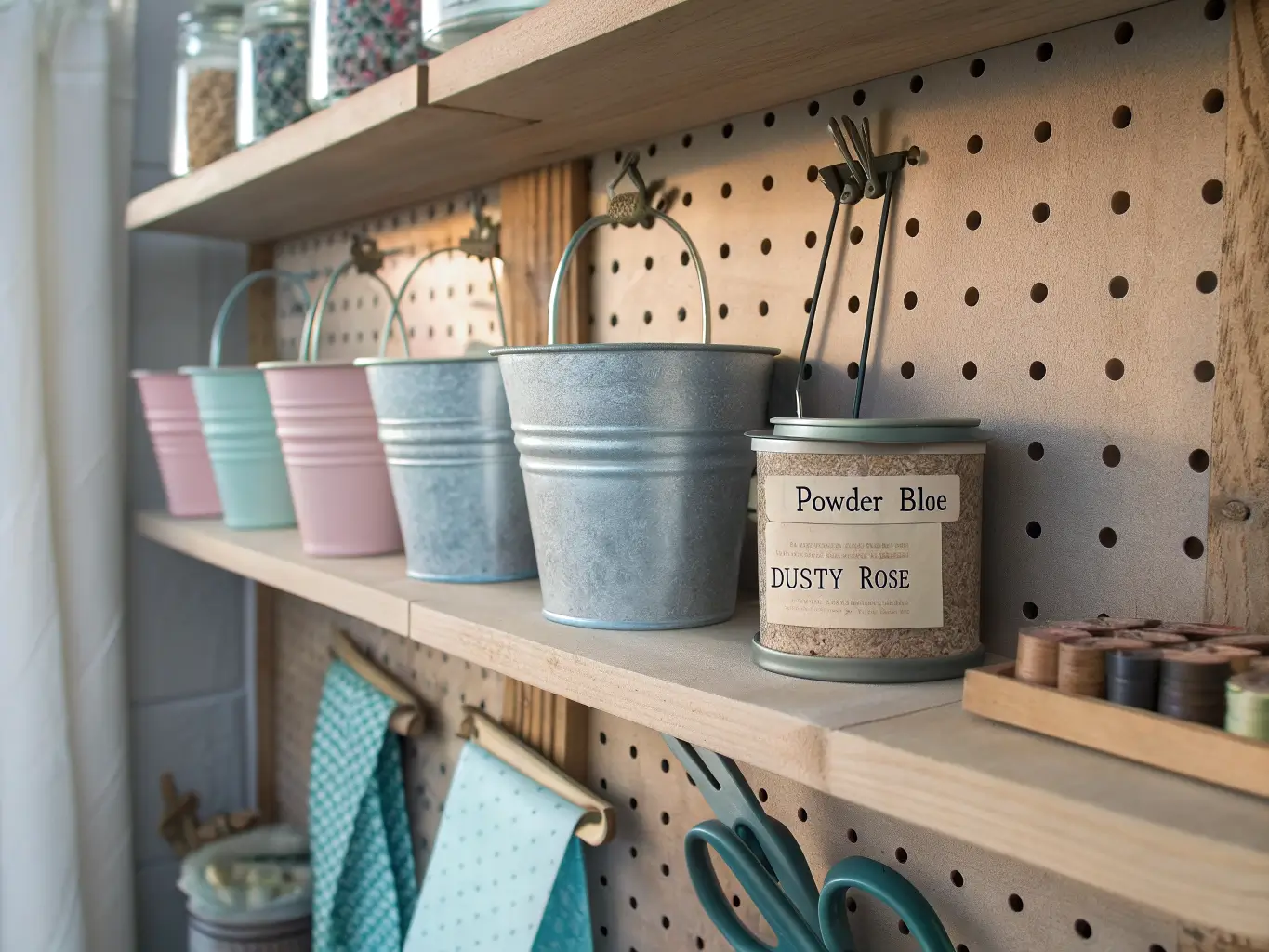 Close-up of a raw wood pegboard with galvanized buckets, pastel ribbon spools, vintage tin tray with fabric scissors, and labeled glass jars on a shelf in soft late-afternoon light.