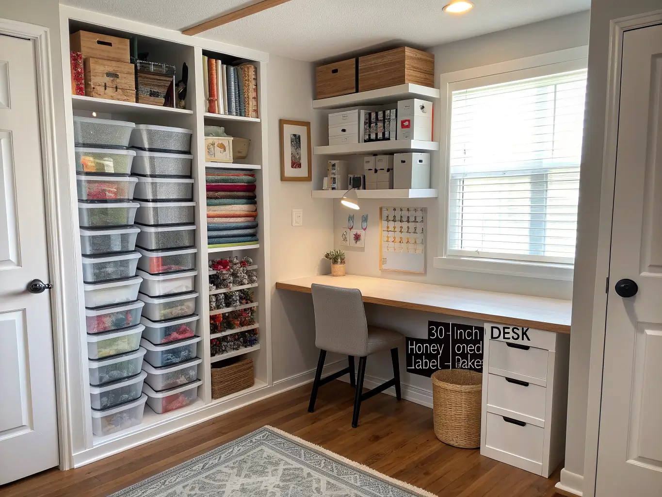 Photorealistic craft nook in a small walk-in closet with white floating shelves, labeled clear acrylic bins of vinyl and ribbon, woven baskets, and a slim desk under soft morning light.