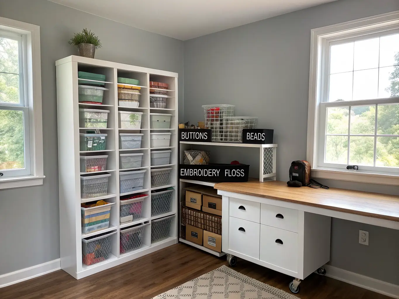 Photorealistic craft room corner with floor-to-ceiling white shelving on a dove-gray wall, labeled clear bins and wood crates, a chrome rolling wire cart, and a small potted plant in bright midday light.