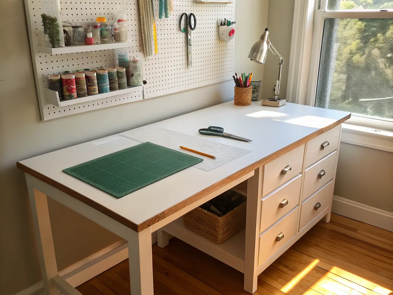 Sunlit craft room desk with cutting mat, cup of scissors and pens, pegboard tools, and clear ribbon jars, viewed at a three-quarter angle.