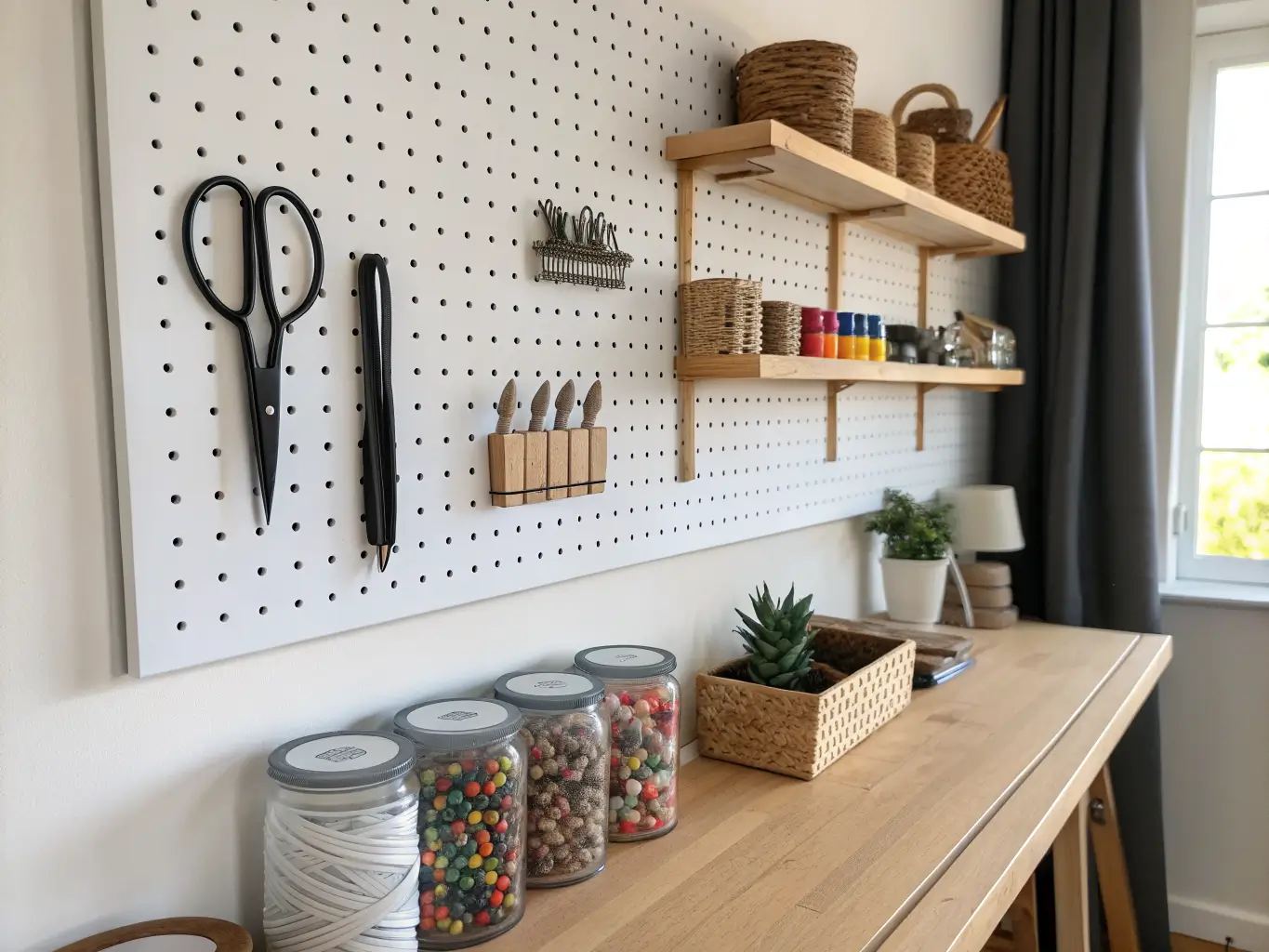 Photorealistic craft desk pegboard: white wall board with black pegs holding scissors, tape, and baskets above a wood shelf with color-sorted bead jars in soft afternoon light.