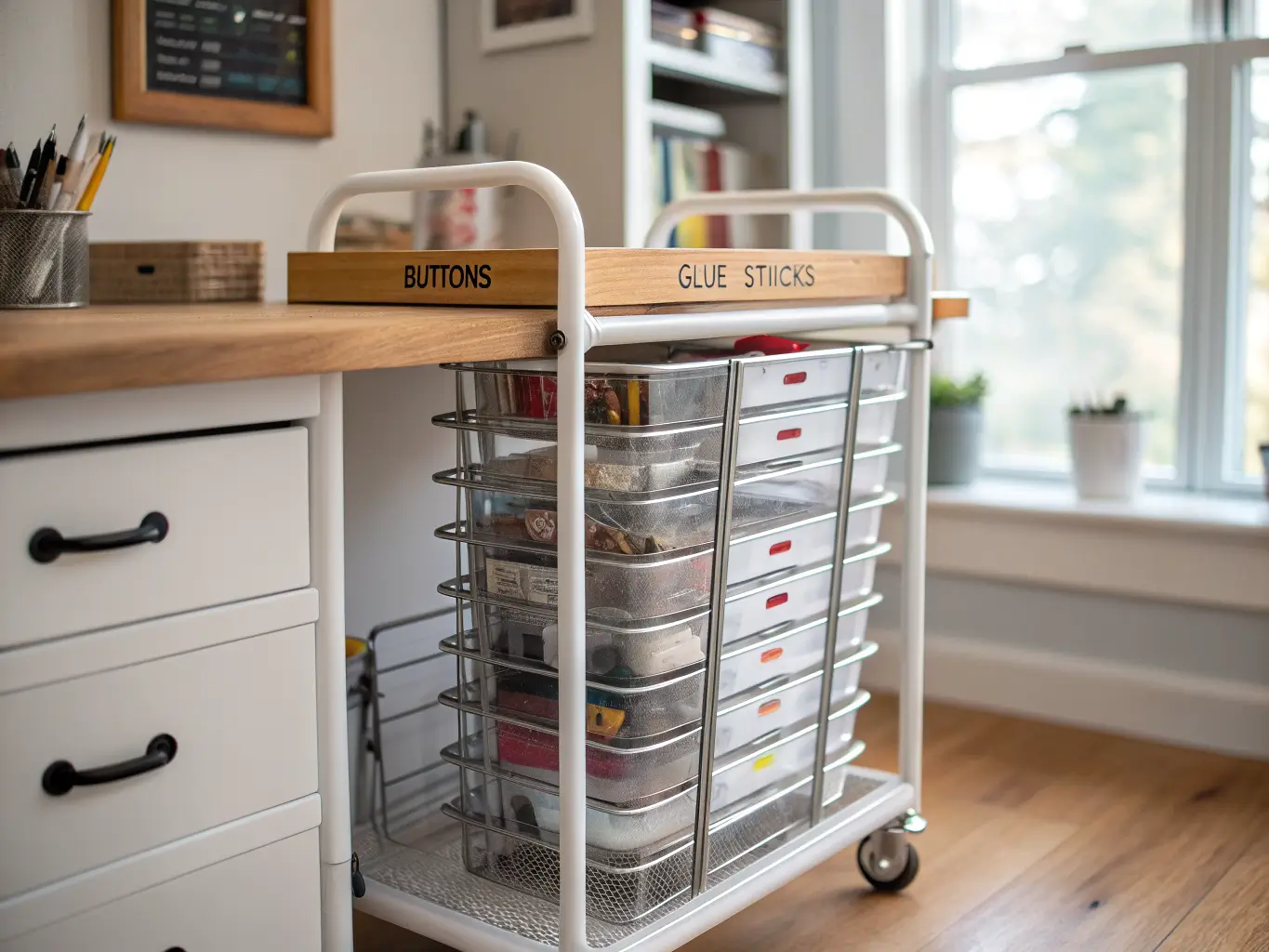 Close-up of a white metal rolling storage cart with chrome wire drawers holding labeled clear containers of craft supplies beside a wood-topped desk in soft window light.