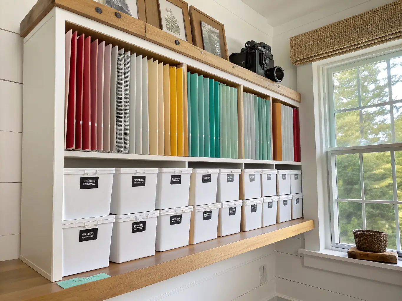 Straight-on photo of organized craft room paper storage with white vertical holders on a wood floating shelf, labeled cardstock showing colorful edges and clear embellishment bins below.