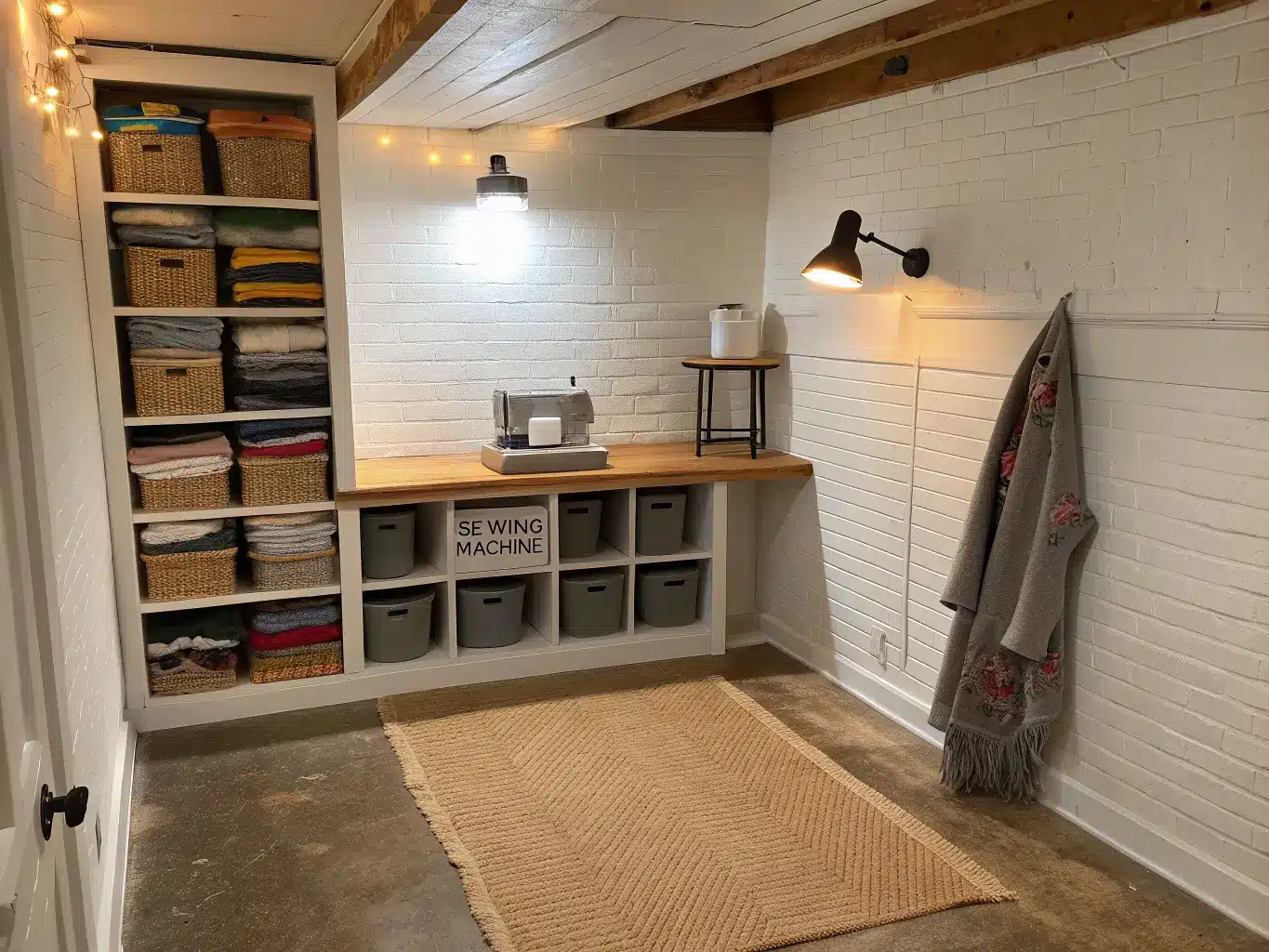 Low wide-angle photo of a cozy basement craft nook with white shelves on a white brick wall, a wood sewing table with machine and folded fabrics, labeled clear bins of thread, jute rug on concrete, and a warm pendant light.