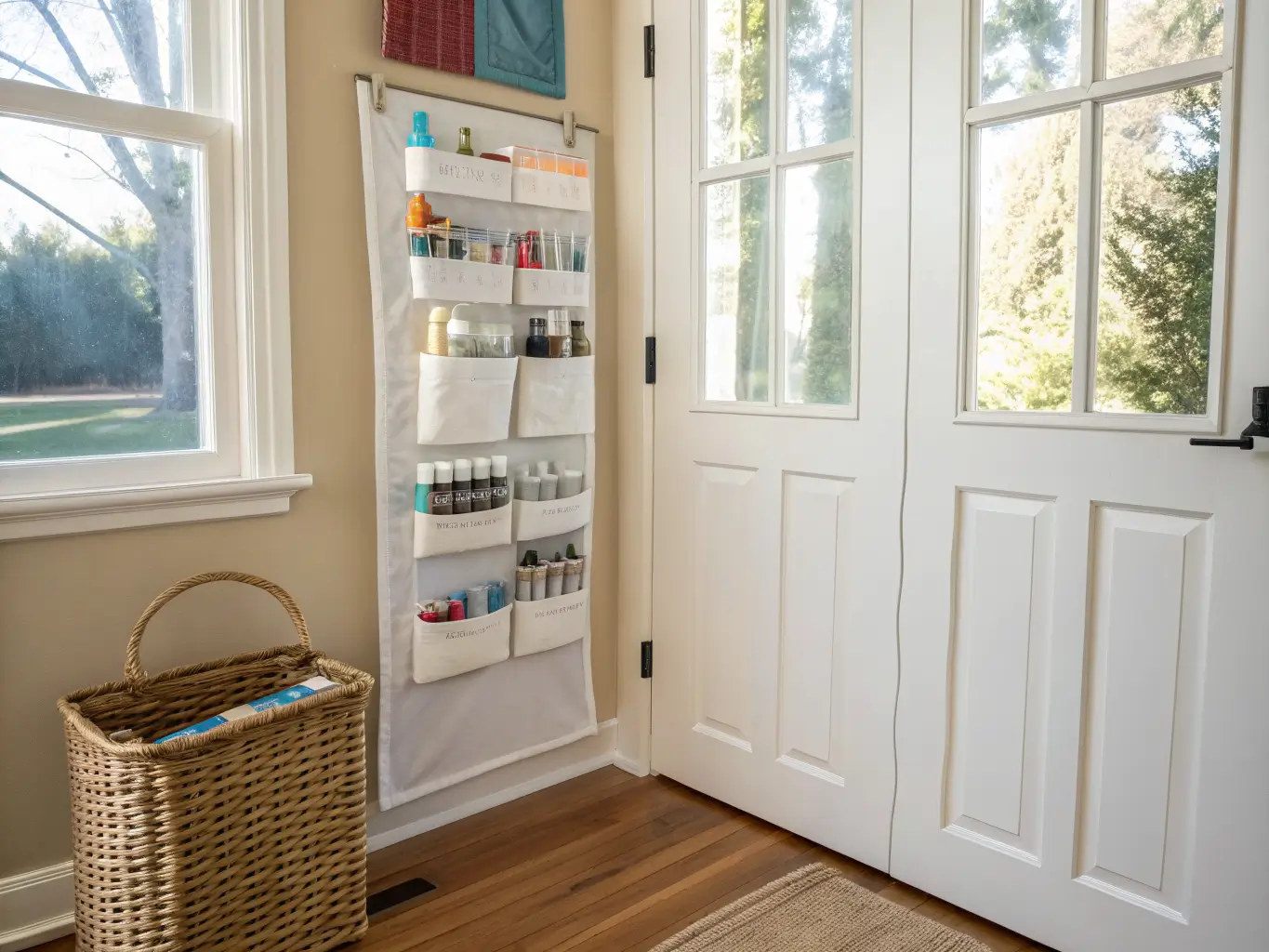 White over-the-door closet organizer with clear vinyl pockets holding paint bottles and adhesive tubes on a cream door, lit by daylight above wood flooring and a woven basket at the base.