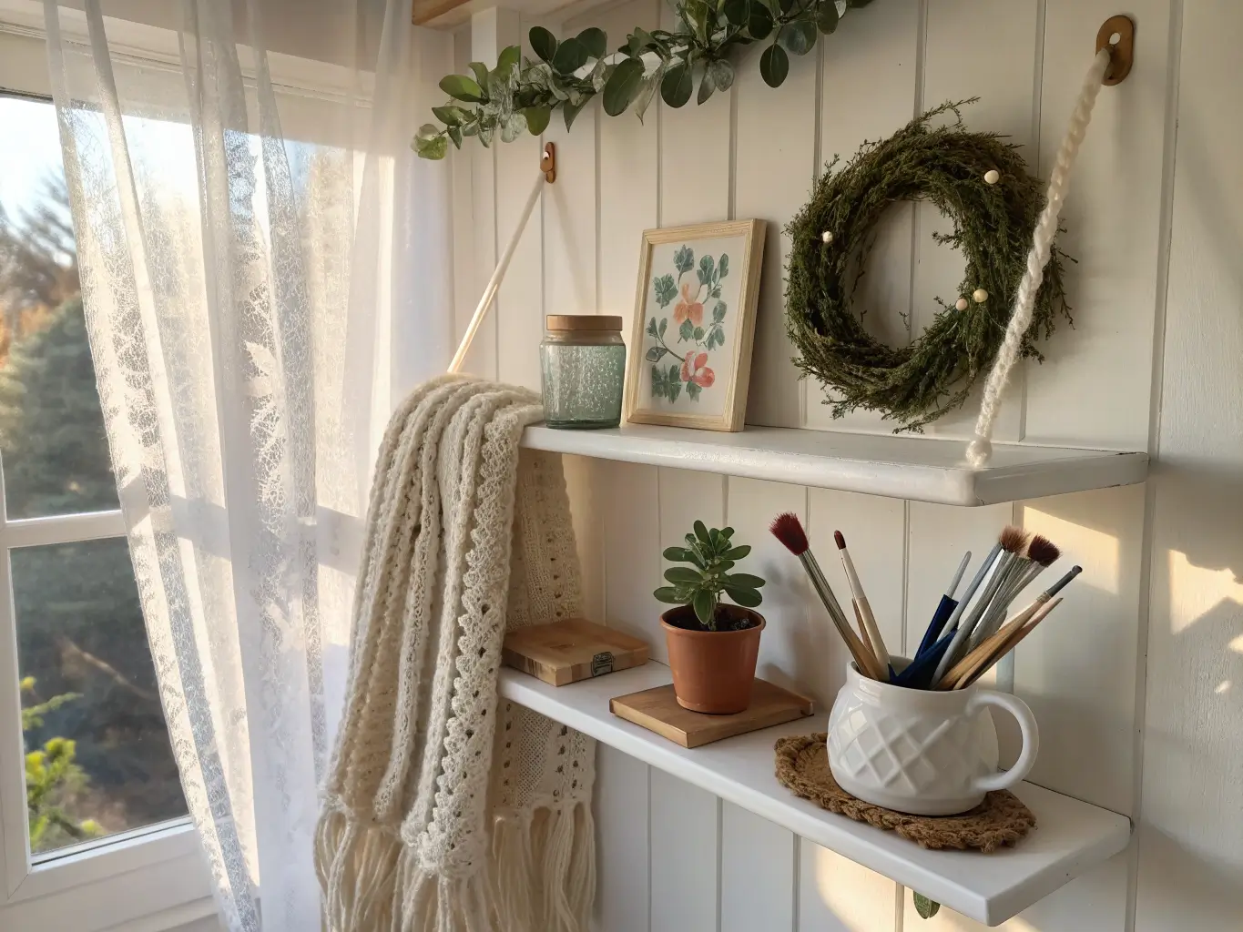 Photorealistic craft room shelf display with scarf, wreath, ceramic pot, trailing plant, and paintbrush jar in warm afternoon sunlight.
