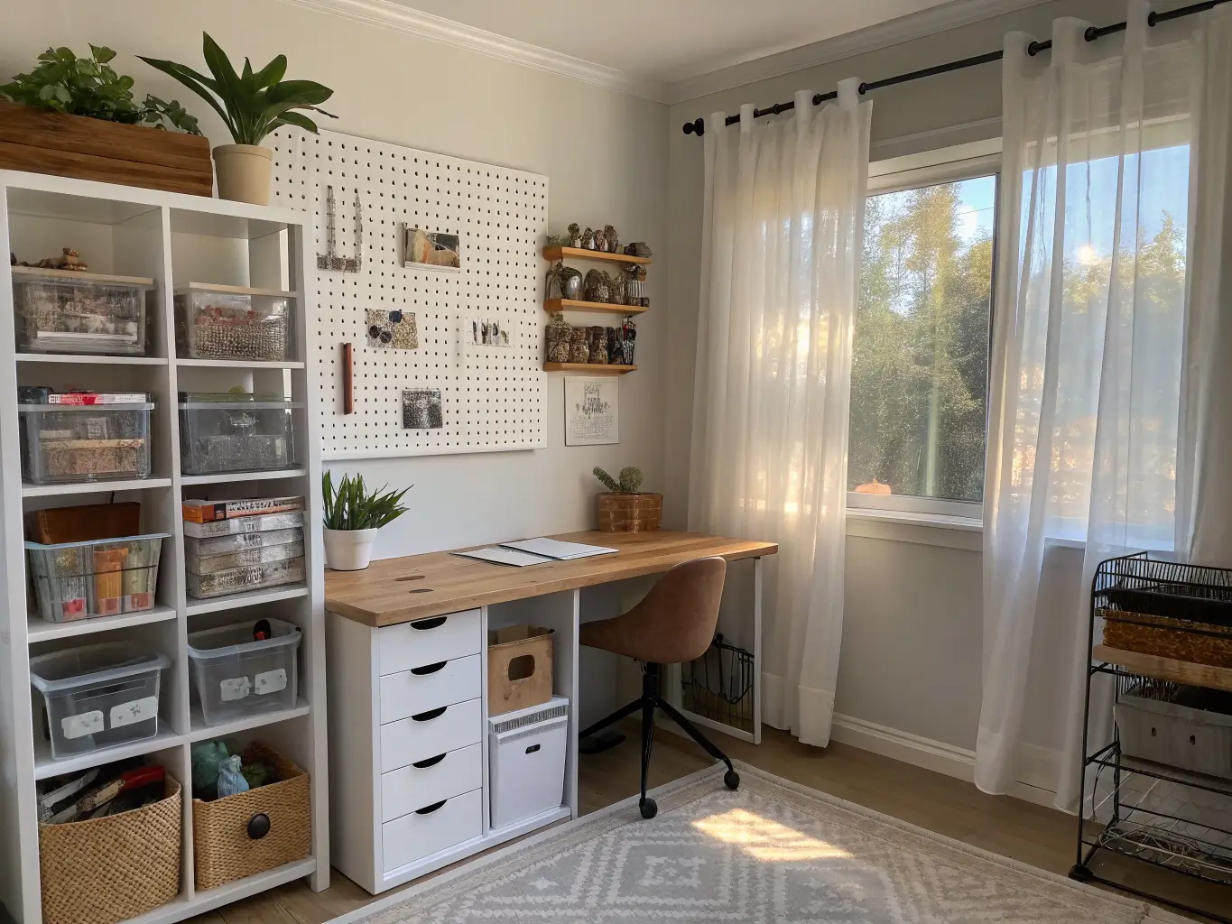 Photorealistic wide-angle view of a small craft room with white modular shelves, wood desk by a window, labeled clear bins, rolling wire cart, pegboard tools, and soft late-afternoon light through sheer curtains.