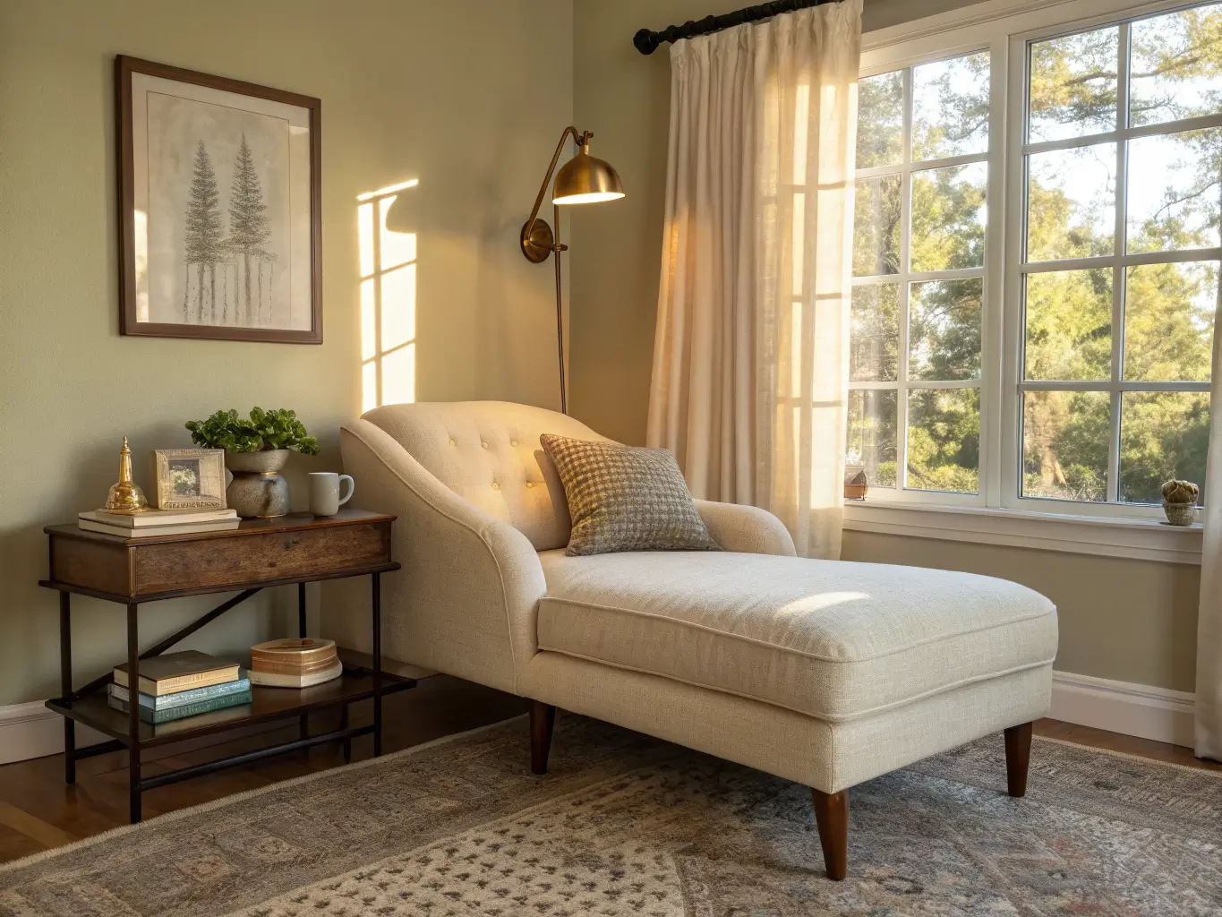 Photorealistic reading nook with a cream bouclé chaise by a sunlit window, walnut side table with brass lamp, mug and glasses, jute rug, framed art leaning on the wall, and blue pillow with camel throw.