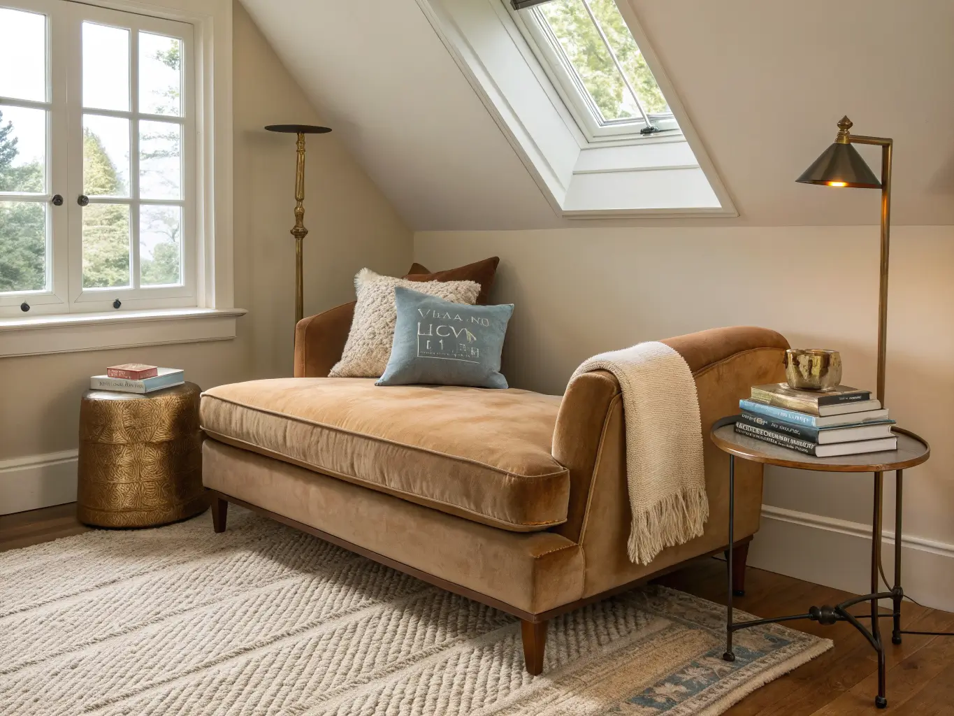 Photorealistic bedroom nook with camel velvet chaise under dormer window, soft morning light through gauzy curtains, marble side table with books and brass lamp, jute rug and knit throw, blue and clay pillows, wide-angle view.