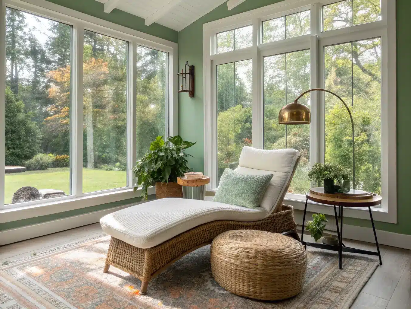 Bright sunroom reading nook with a warm white bouclé chaise by floor-to-ceiling windows, rattan side table with brass lamp and water glass, fiddle-leaf fig casting shadows on a sage wall, and a terracotta-and-cream rug.