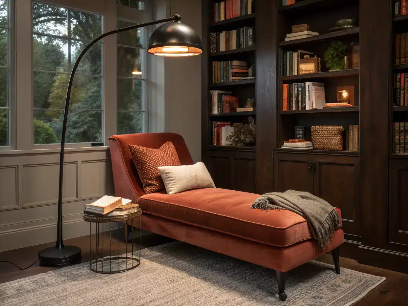 Photorealistic dusk study nook with terracotta velvet chaise in an alcove between walnut bookshelves, arched black floor lamp lighting an open book on a brass-legged side table, cream bouclé pillow, mocha throw, and camel wool rug.