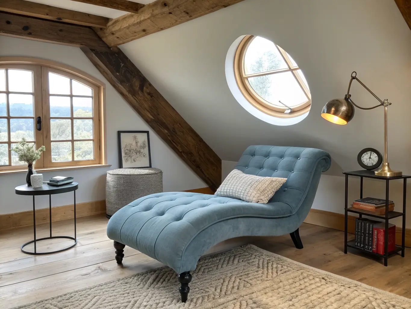 Photorealistic loft landing reading nook with dusty blue chaise by a round window, black side table with brass lamp and mug, exposed beams, jute rug, abstract art, and cream pillow with plaid throw.