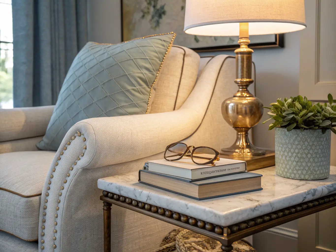 Close-up of a cream bouclé chaise armrest beside a marble side table with a warm brass lamp, linen books, reading glasses, and a small succulent in soft evening light.