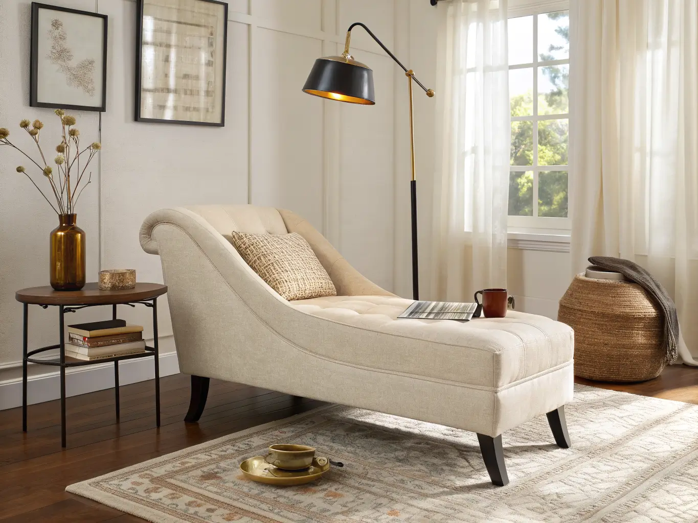 Modern living room corner with a cream chaise lounge featuring a built-in USB port, brass floor lamp, walnut stool with a charging phone and ceramic cup, warm-toned rug, and a sage accent wall with a botanical print by a sunlit window.