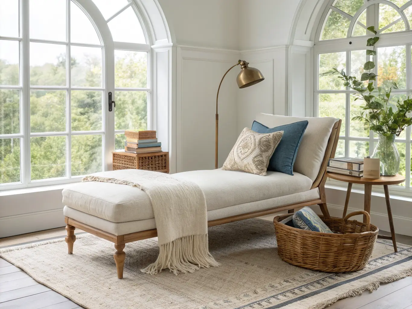 Boho-coastal reading nook in a bright sunroom with a cream linen chaise by an arched window, jute rug, rattan side table with brass lamp, and a seagrass book basket.