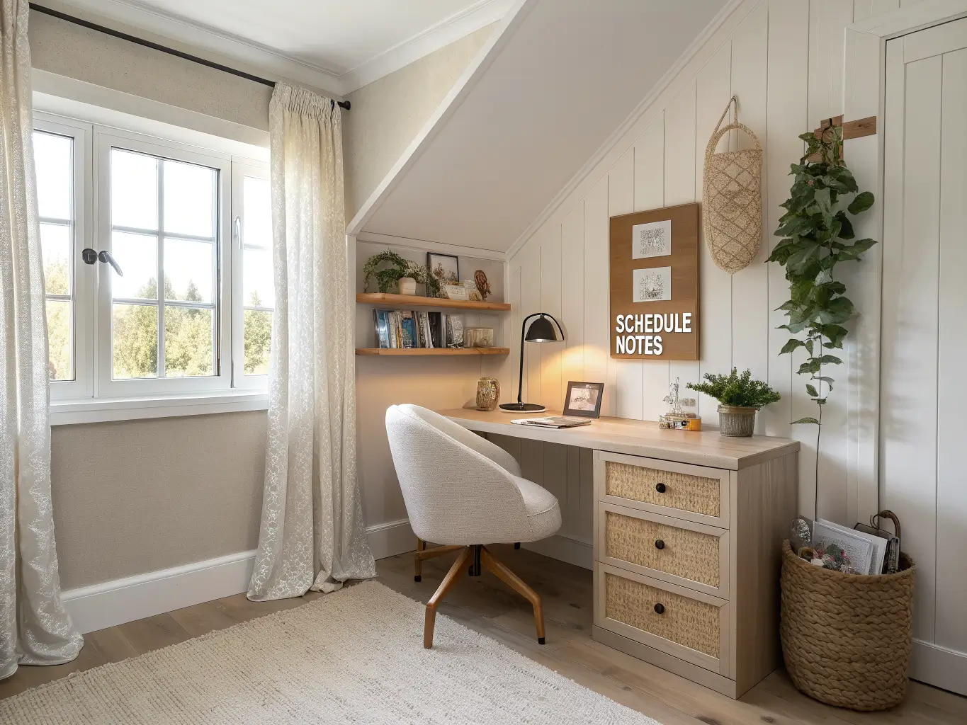 Photorealistic Scandinavian study nook with pale oak wall desk, cream bouclé chair, cork board, brass sconce, trailing pothos, and morning light through linen curtain in a beige room.