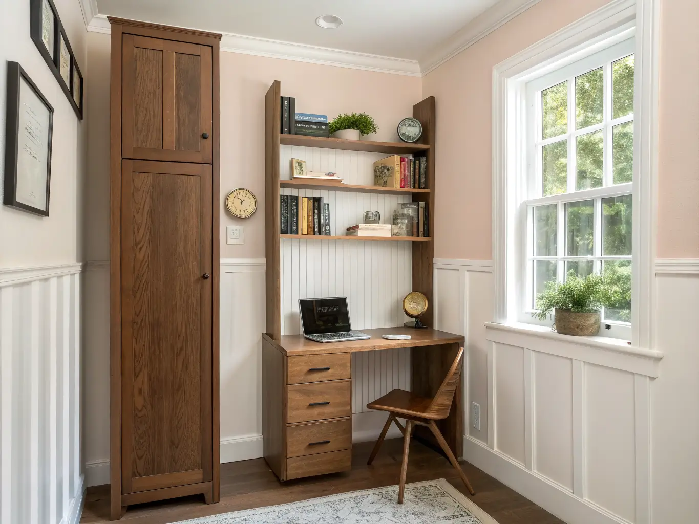 Photorealistic narrow hallway study nook with walnut tall cabinet, wall-mounted desk, floating shelves, cork board, and soft daylight on dusty peach walls with white wainscoting.