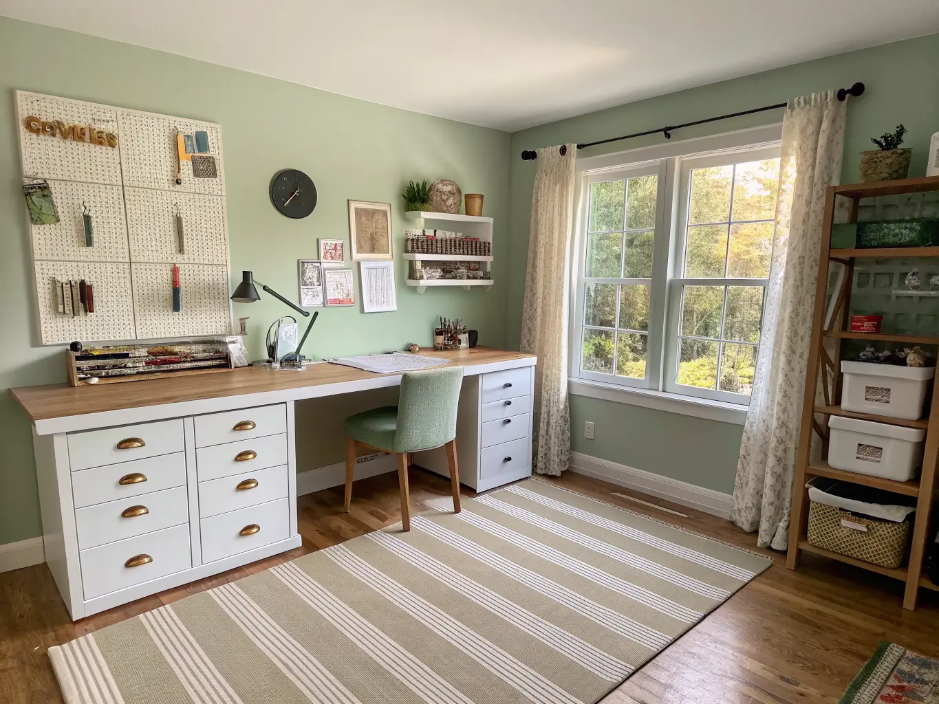 Wide-angle photorealistic 12x14 spare bedroom office and craft room with white oak desk, separate craft table on a striped jute rug, pegboard tools, Kallax cubbies, and soft sunlight through sheer curtains.