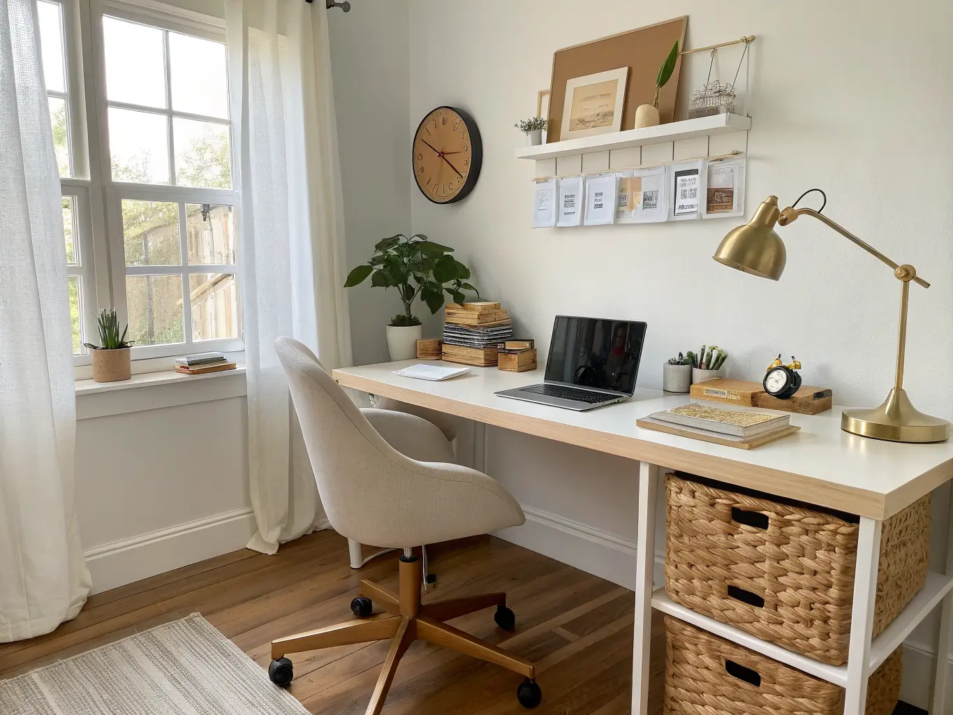 Photorealistic close-up of a craft-office desk with cream boucle chair, brass lamp, laptop and kraft folders, pothos and clock on an oak shelf, in soft morning light through sheer curtains.