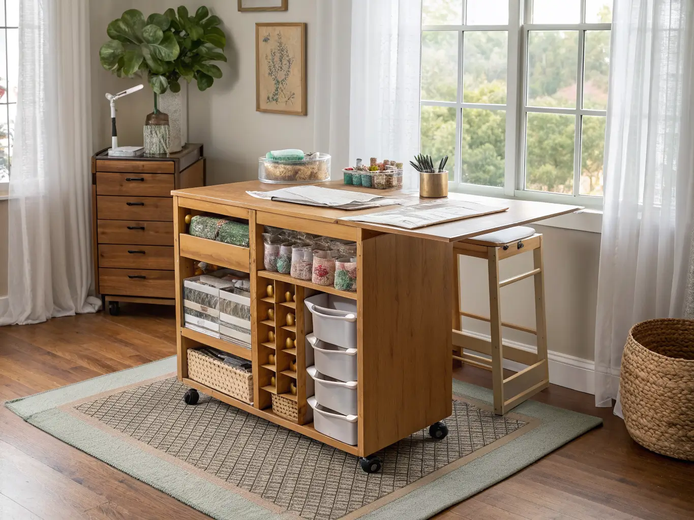 Photorealistic craft table zone with birch drop-leaf worktable under a sunlit window, bins of fabric scraps, rolling supply cart, cutting mat with rotary cutter, and jute rug.