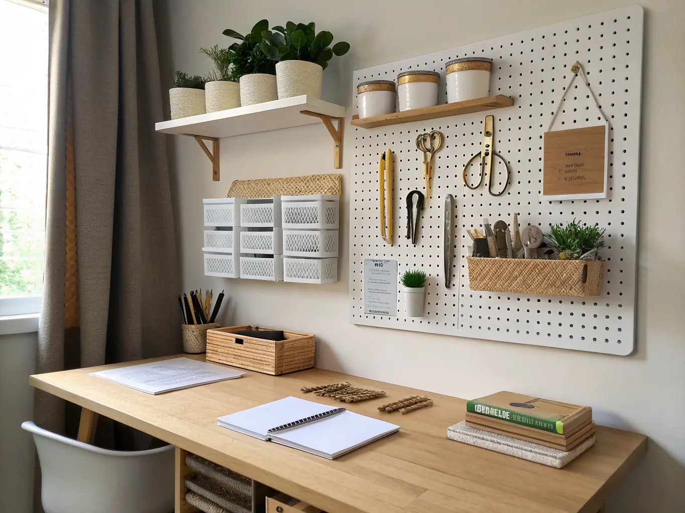 Organized white pegboard and oak floating shelves above a birch craft-office worktable, holding tools, labeled clear bins, a trailing pothos, and linen notebooks in soft afternoon light.
