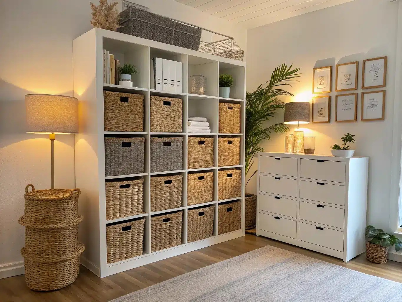 Photorealistic office craft room with Kallax-style white cube storage wall, woven and labeled clear bins, linen and vases, filing cabinet with gold pulls and pothos, warm lamp light on white oak floor and jute rug.